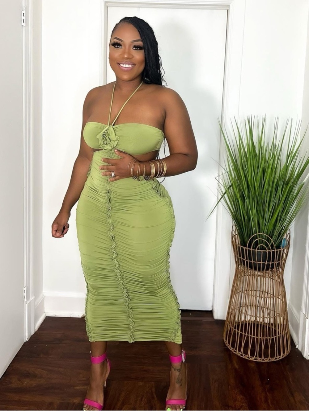 Ruched Olive Green Strapless Midi Skirt Dress